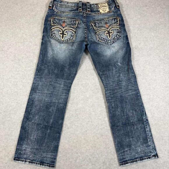 Rock Revival Deshaw Jeans Mens 34x30.5 Straight Distressed Large Stitching*Read* - Picture 3 of 8